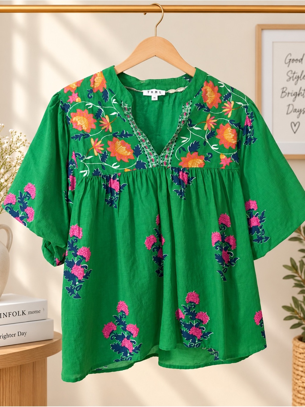 THML Green Floral Embroidered V-Neck Top